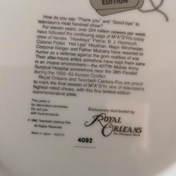 Vintage 1982 MASH Limited Commemorative Plate, Original Box & Certificate, Mint - Picture 7 of 7